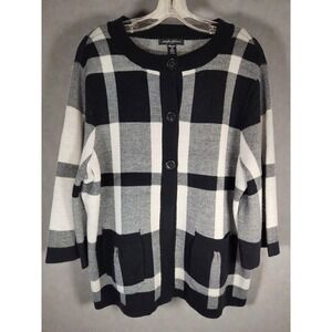Designers Originals Women's 1X Black Cream Buffalo Plaid Cardigan Sweater Button